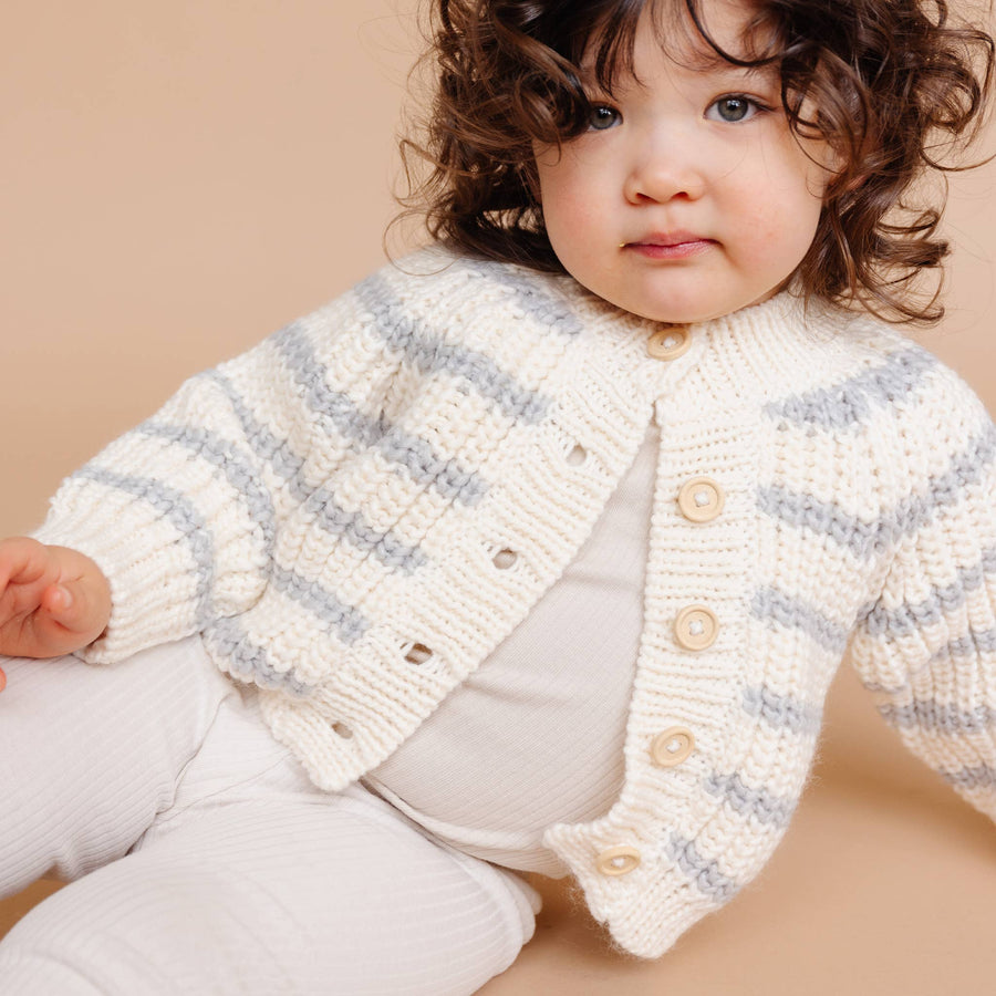 Rib Knit Stripe Cardigan, Bowie Grey | Baby & Kid Sweater: XS; 6-12M