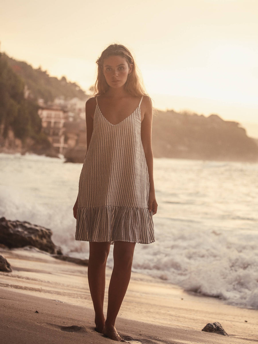 Liv Mini Ruffle Dress / Black Stripes