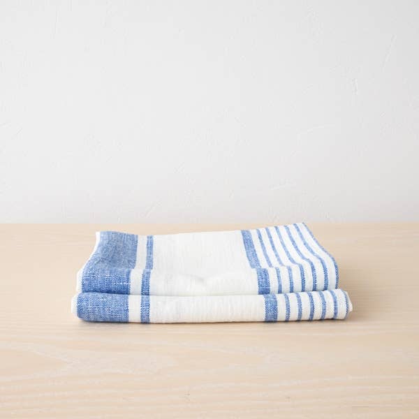 Set of 2 Linen Hand or Tea Towels Off White Blue Tuscany