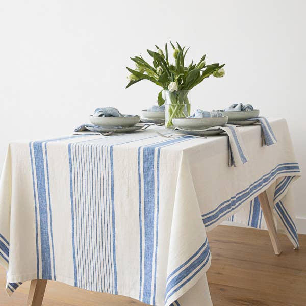 Linen Tablecloth Off White Blue Tuscany