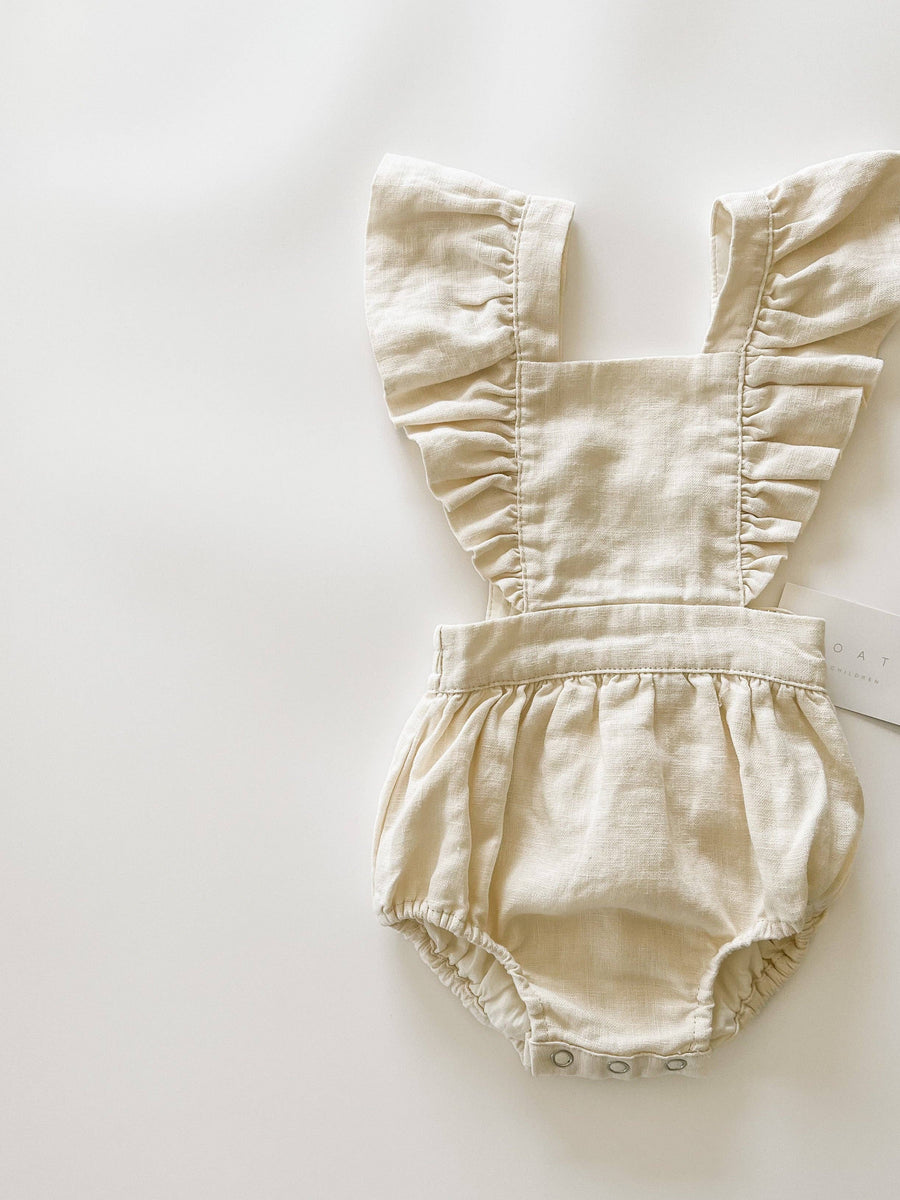 Linen Flutter Sleeve Bloomer Romper -  Vanilla: 3/6 month