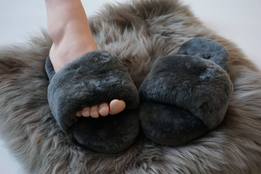 Australian Sheepskin Fluffy Slipper - Gray: 7 -7.5