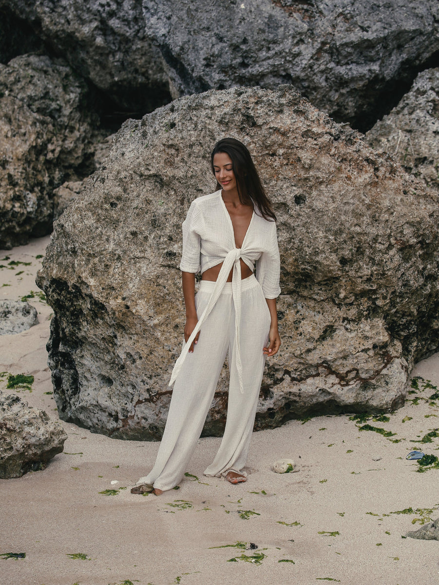 Skye Palazzo Pants | Natural With Gold Stripes