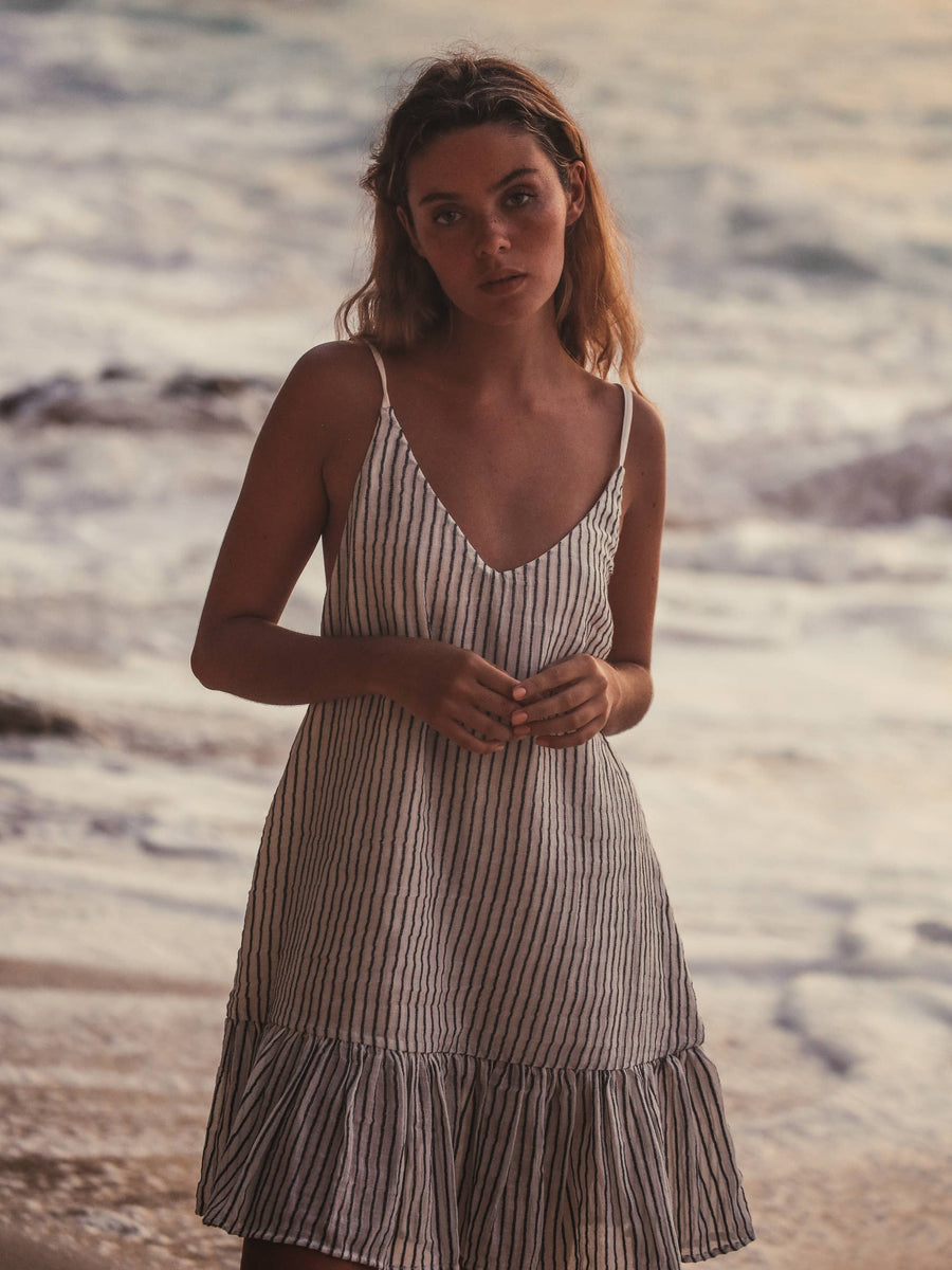 Liv Mini Ruffle Dress / Black Stripes
