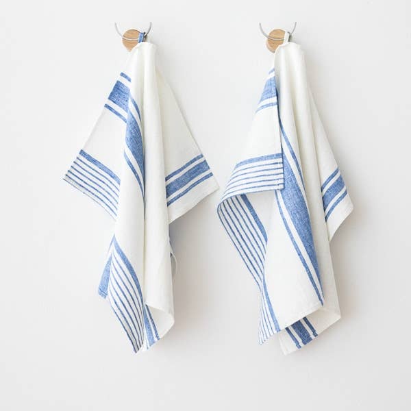 Set of 2 Linen Hand or Tea Towels Off White Blue Tuscany