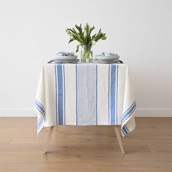 Linen Tablecloth Off White Blue Tuscany