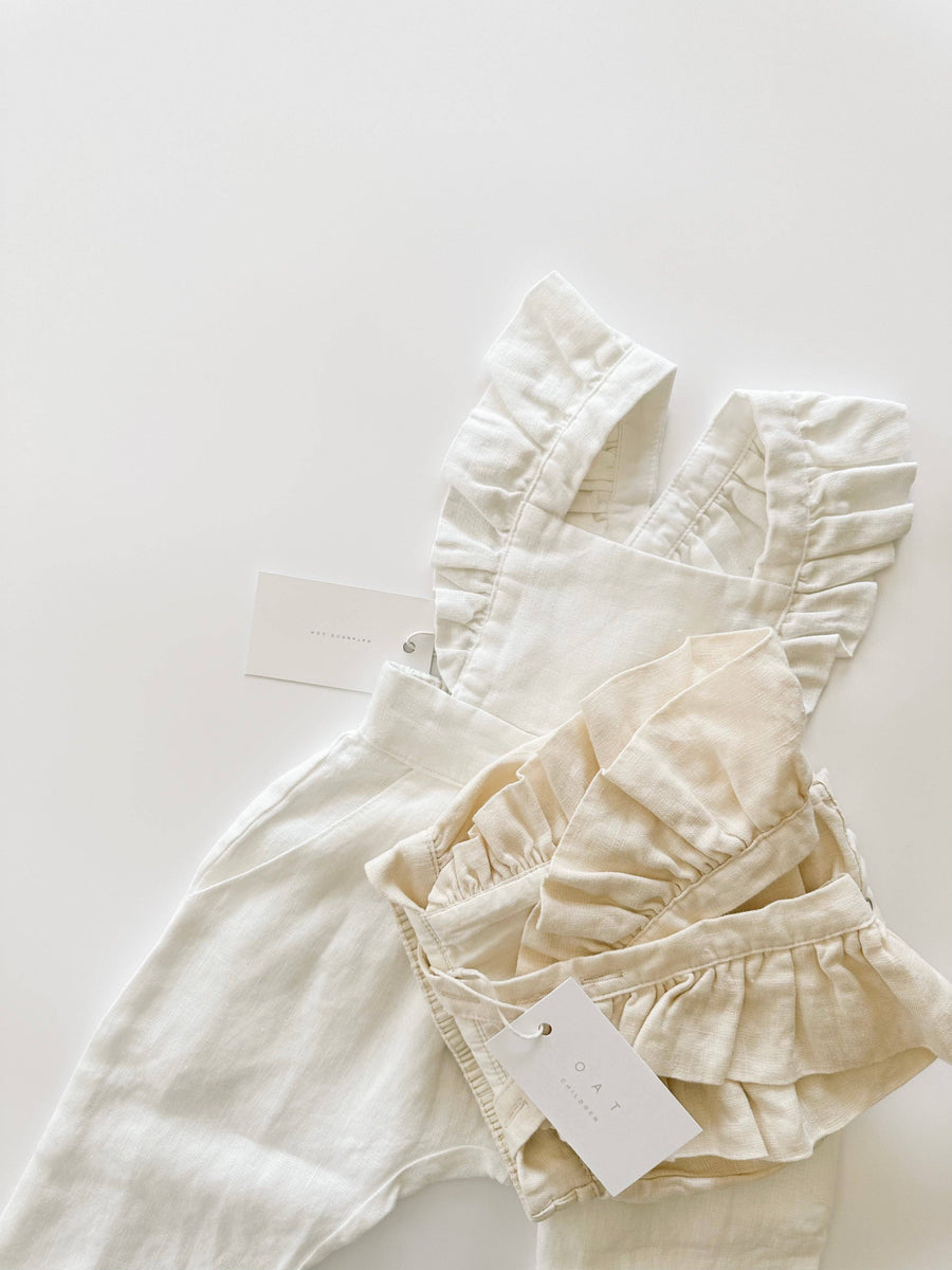 Linen Flutter Sleeve Bloomer Romper -  Vanilla: 3/6 month