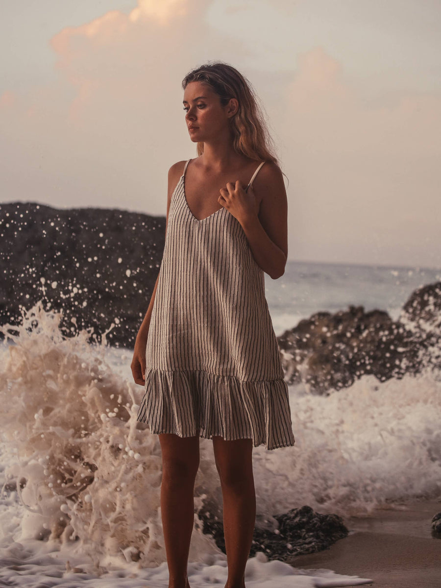 Liv Mini Ruffle Dress / Black Stripes