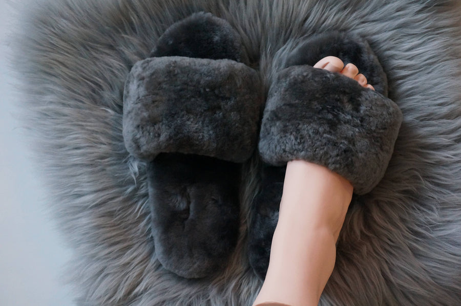 Australian Sheepskin Fluffy Slipper - Gray: 8 - 8.5